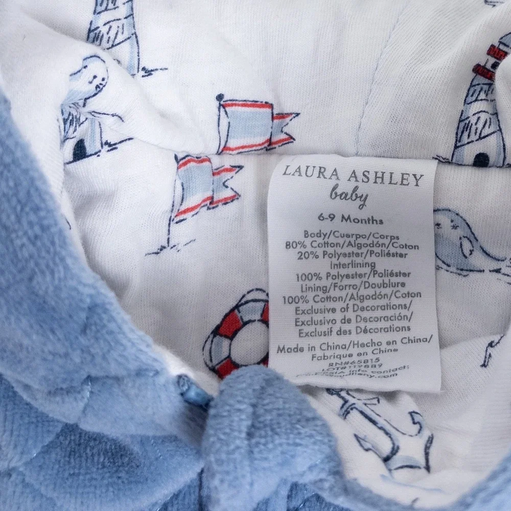 Laura Ashley Pram Suit Baby‎ 6-9M Blue Quilted Velour Nautical Hooded Outerwear